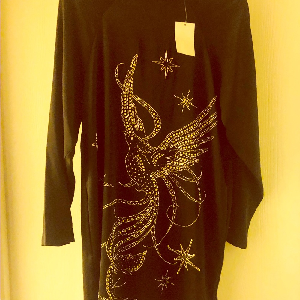 Silky black dress with sequined bird/rhinestone